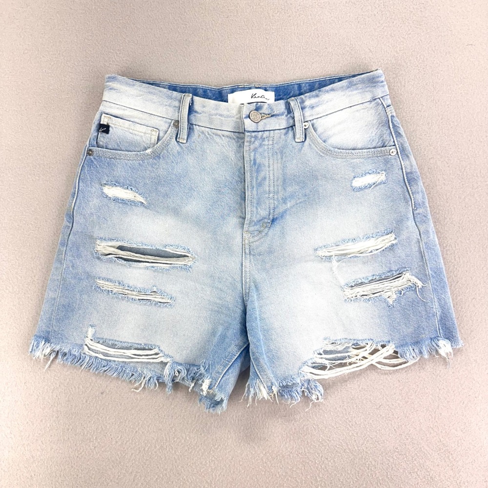 KanCan Jean Shorts Womens 7/27 High Waisted Loose‎ Fit Distressed Light Wash